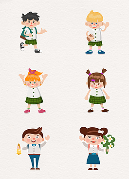 6个穿校服的可爱小学生漫画形象