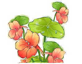 卡通水墨桔色花朵绿叶元素