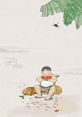 手绘树下吃西瓜处暑广告背景素材