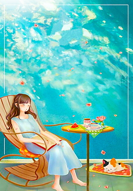 处暑节气露天午休的女孩背景素材