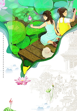 彩绘女孩采花拍照处暑广告背景素材