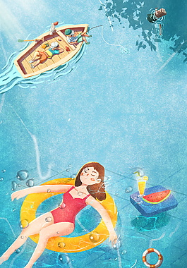 处暑节气海上游泳的女孩海报背景素材