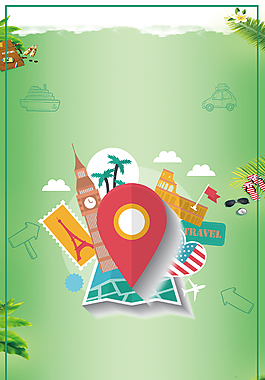绿色创意手绘地标建筑毕业旅游海报背景