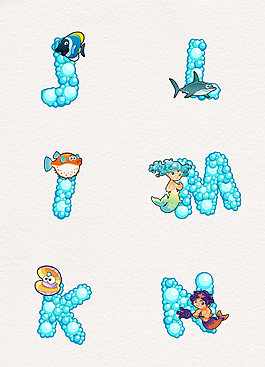 创意海洋字母和生物卡通素材