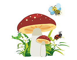 红色蘑菇与小动物矢量图