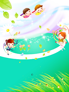 卡通小孩草地绿色背景