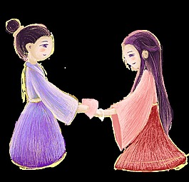 手绘卡通古典情侣装饰素材