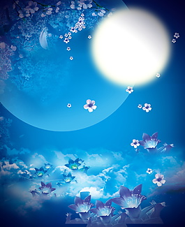 灵动渐变天蓝花朵明月中秋广告背景素材
