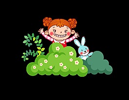 卡通草丛女孩小兔子元素