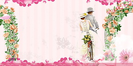 骑自行车的浪漫婚礼签到处背景素材