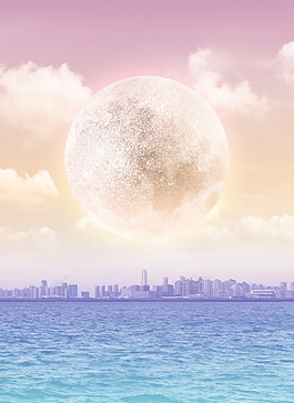 梦幻色彩大海月球背景素材