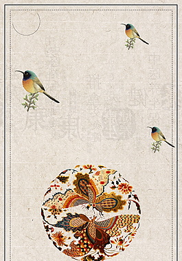 简约古典花朵小鸟刺绣海报背景设计