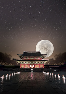 古风建筑圆月中秋海报背景设计