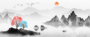 中国风意境水墨山水画古风山水装饰画
