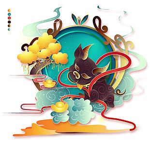 生肖牛年国风卡通元素插画
