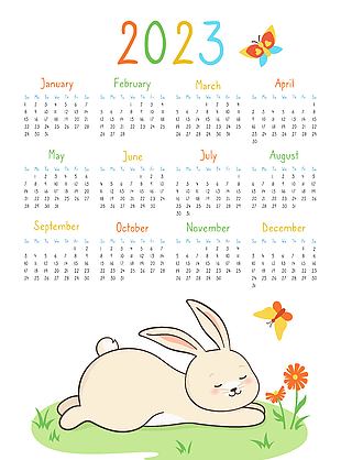 卡通趣味兔年日历挂历模板