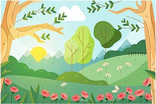 草地树木花朵自然风景卡通插画