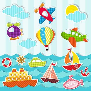 卡通矢量海洋飞机气球游艇船只潜艇素材