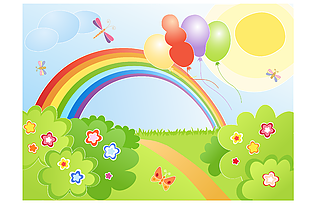 卡通蓝天草地彩虹气球灌丛矢量背景图