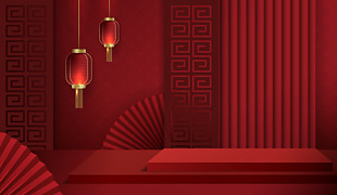 大气新年红电商展台背景素材设计