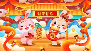 可爱喜庆兔年新年快乐节日展板设计