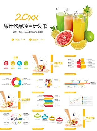 简约个性果汁饮品项目计划书PPT素材