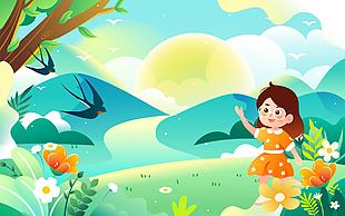 彩色手绘春季踏青插画图片下载