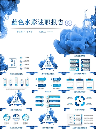 蓝色水彩实用市场部门述职报告PPT模板