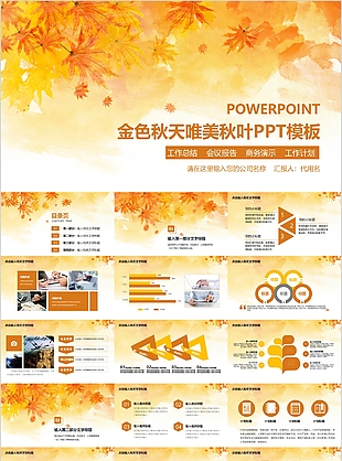 金色秋天唯美秋叶工作总结计划PPT模板