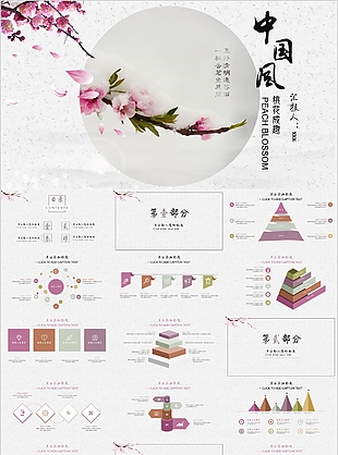 中国风桃花成趣工作汇报通用PPT模板