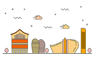 手绘城市地标彩色卡通风插画设计