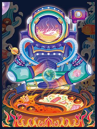 彩色卡通系列科技感火锅盛宴创意素材