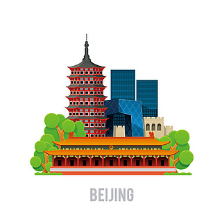 中国北京城市地标建筑彩色插画素材下载