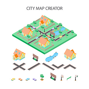 城市地图创建道路建筑交通标志元素素材下载