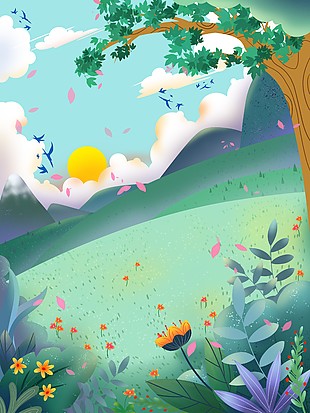 创意花朵童趣山水背景插画