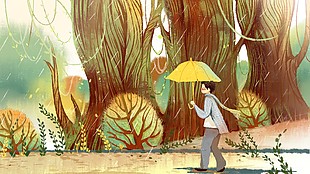 雨中撑伞漫步森系背景插画