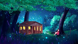 森林静谧夜晚创意插画背景