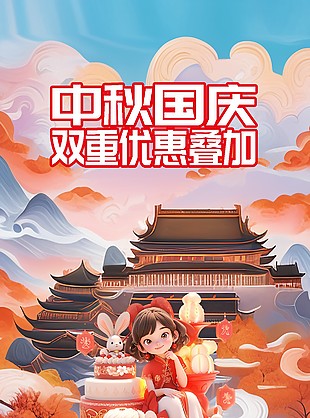 中秋国庆双重优惠活动国潮插画背景海报下载