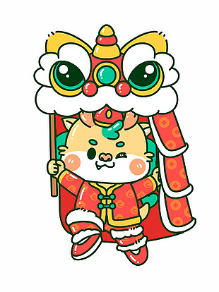 手绘趣味卡通新年舞狮龙插画设计