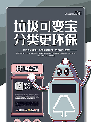 垃圾可变宝分类更环保创意机器人插画海报