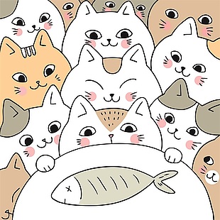 可爱吃鱼小猫插画
