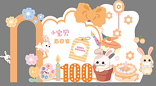 可爱卡通橙色小兔宝宝百日宴展架设计