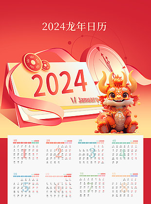 2024龙年卡通插画挂历模板