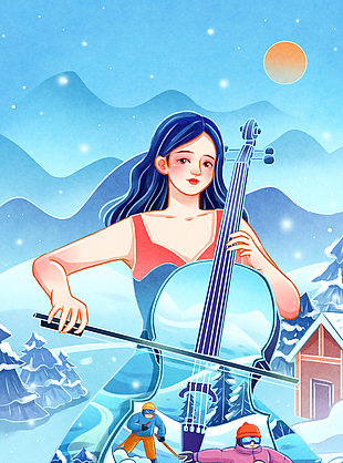 创意手绘小提琴虚化冬季滑雪插画图设计
