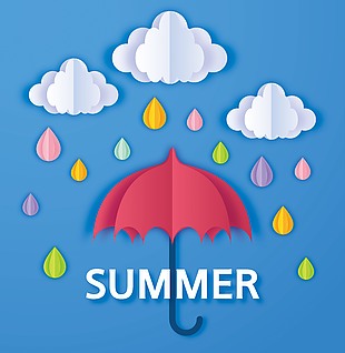 剪纸风格夏季雨天插画