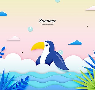 夏日剪纸风格海鸥插画