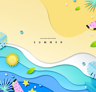夏日海边剪纸风格插画