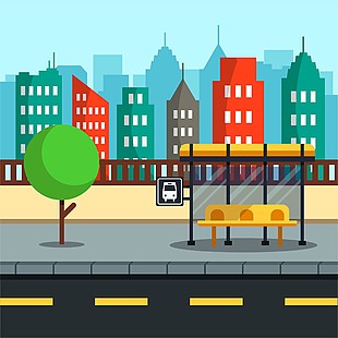 城市彩色建筑公交站台风景