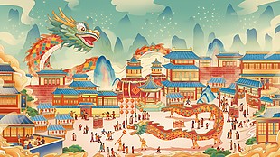 龙年春节古典手绘插画素材
