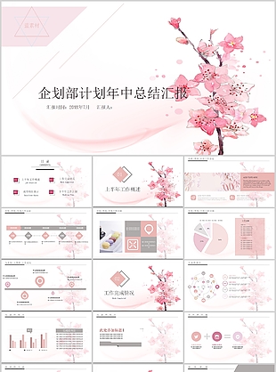 粉色系企划部计划年中总结汇报PPT模板